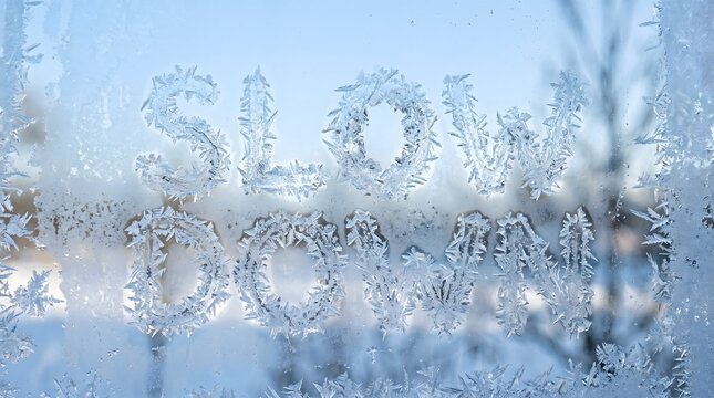 The words 'Slow Down' beautifully formed from intricate ice frost on a windowpane, a visual metaphor for winter mindfulness, deceleration, and finding peace in the cold season.