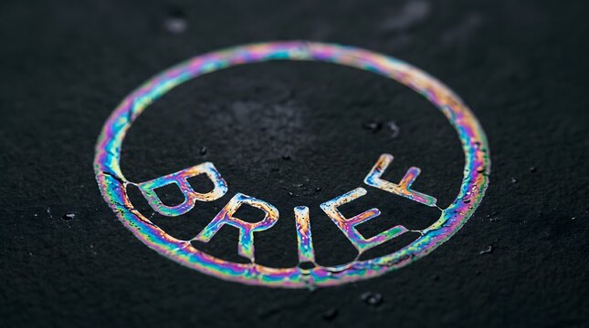The word 'BRIEF' rendered in iridescent soap-film colors against a dark wet slate, symbolizing the fleeting brilliance and fragile nature of concise concepts and temporary communication