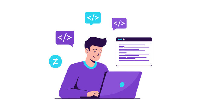 Male Programmer Coding on Laptop Illustration for Software Development and IT Technology Concept. Modern Flat Style Web Developer Working with Code.