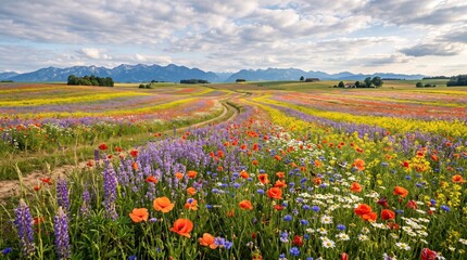 Fototapeta premium Vibrant wildflower meadow with mountain backdrop and winding dirt path bavaria