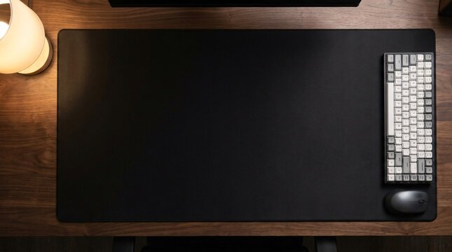 A blank black desk mat mockup flat lay on a wooden table with a computer keyboard and mouse for workspace accessory presentation