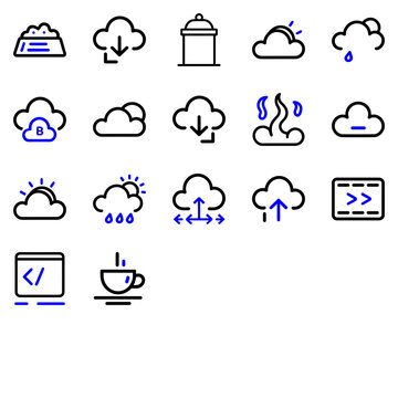 Line icon set with cloud, cloud dots, cloud empty, cloud lock, cloud rain, cloud share and more outline vector symbols black and white