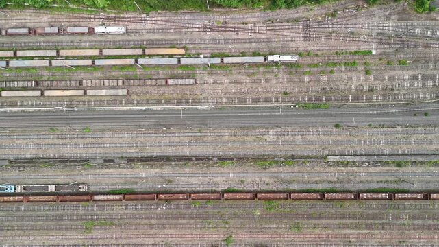 a freight station with many trains - aerial view
