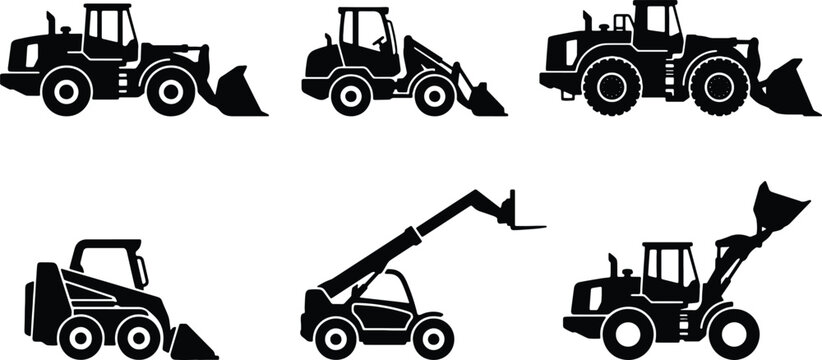 Construction Vehicle Icons: Front Loader, Skid Steer, Telehandler, and Wheel Loader Silhouettes for Industry and Engineering Projects