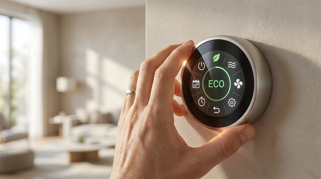 Hand adjusting smart thermostat to eco mode in modern living room