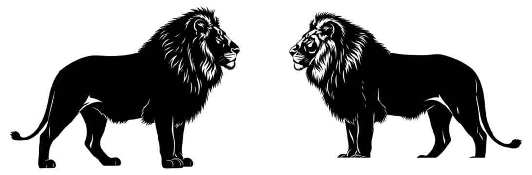 Two lions facing each other black and white vector illustration