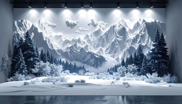 White 3D mountain relief wall art in interior space