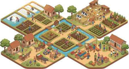 Fototapeta premium Isometric Traditional Asian Agriculture Vector Set with Rice Paddy Fields Farmers Livestock Coops Local Village Markets and Water Irrigation Systems