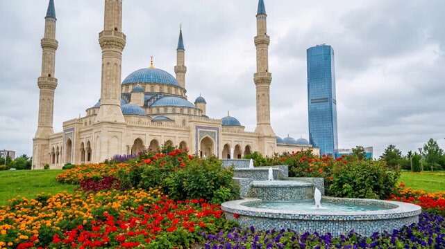 Grand mosque with elegant minarets surrounded by colorful blooming flowers, and a decorative fountain. A tall skyscraper rises nearby, 4K video