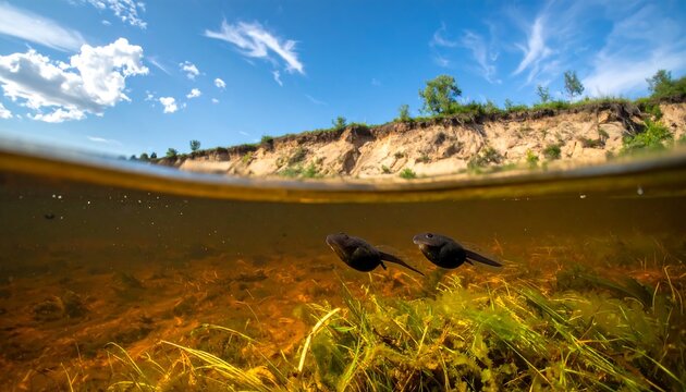 Half-underwater view reveals tadpoles swimming amidst aquatic plants, with a sandy bank and blue sky above