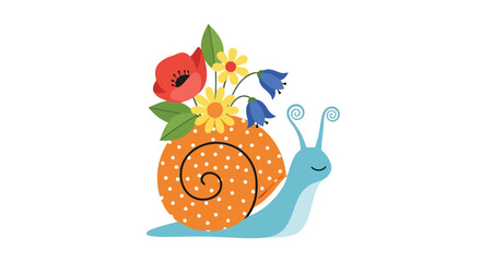 Smiling blue snail with orange shell and colorful flowers © NurJahan