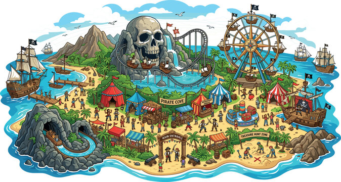 Pirate Island Theme Park Vector Map Illustration with Skull Mountain Roller Coaster Ferris Wheel Carnival Tents and Tall Ships Graphic Design