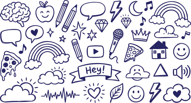 Hand Drawn Cute Doodle Icon Set with Rainbows Clouds Food Emoticons and Lifestyle Elements For Notebook Planner Line Vector Drawings