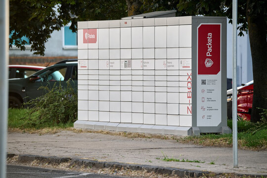 Packeta automated Z-BOX parcel delivery locker on a sidewalk, Bratislava, Slovakia, Europe.