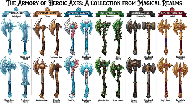 Fantasy RPG Weapon Vector Icon Set Featuring Magical Heroic Axes with Ice Fire Nature Crystal and Golden Royal Combat Designs