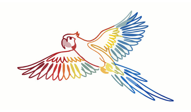Vibrant gradient continuous line art flying macaw parrot icon vector