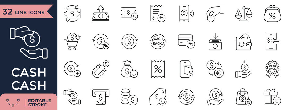 Cash, Cashback, Refund, Money Reward and Finance Payment Minimal line Icon Set
