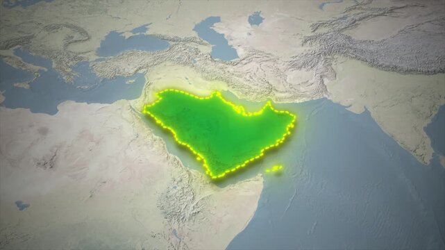 Arabian Peninsula Highlighted on 3D topographical Map Animation