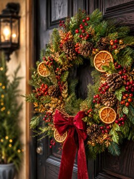 Englischer Weihnachtskranz an Haust&uuml;r
Festlicher T&uuml;rkranz mit Tannengr&uuml;n, Zapfen, roten Beeren, Orangenscheiben und Samtschleife an dunkler britischer Haust&uuml;r.