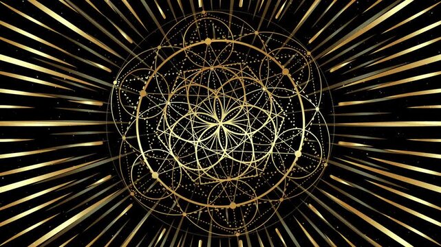 Video animation Flower of Life. Gold Sacred geometry. Loop footage of Mystic icon, pulsating luxury mandala, geometric drawing, crop circles, shiny special effects, sun's rays, black galaxy background