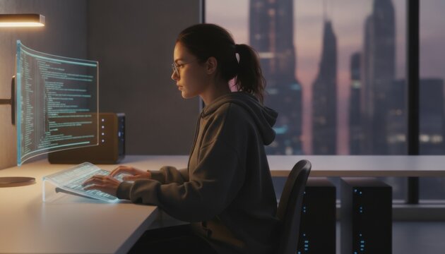 Woman programmer coding on holographic computer screen in futuristic office with city skyline view