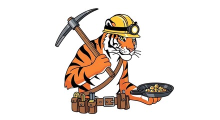 Cartoon miner with pickaxe and helmet illustration.
