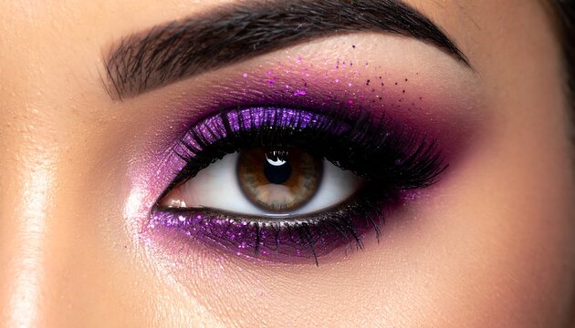 A close-up of a woman's eye with vibrant purple eyeshadow and brown eye