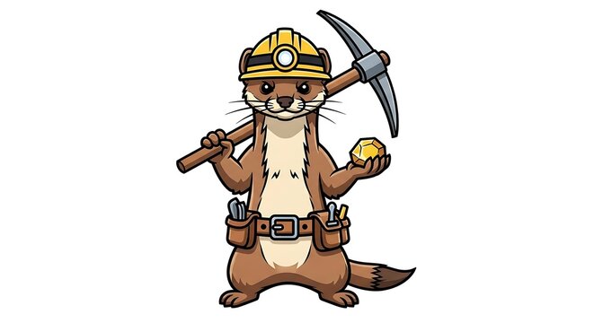 Cartoon miner with pickaxe and helmet illustration.