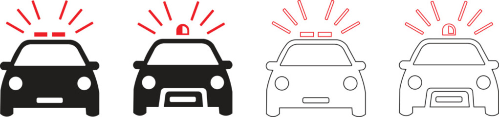 Police car emergency alert icons set with red siren lights, front view vector illustration for law enforcement, public safety, and urgent response concept © Rubel