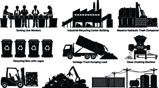 Recycling Industry Icons Set: Sorting Line Workers, Industrial Building, Trash Compactors, Bins, Garbage Truck, Glass Crusher, Forklift, Scrap Pile, Processing Plant