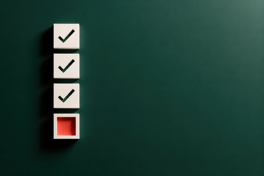 Minimal checklist with three checked boxes and one empty red box on dark green background