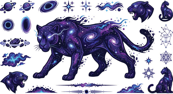 Cosmic galaxy panther mascot vector bundle featuring nebula space planets black holes starry constellations sacred geometry symbols and celestial design elements