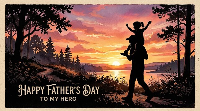 Heartwarming father's day card dad and child silhouette at sunset