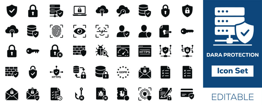Cybersecurity icon set data protection privacy and network security glyphs