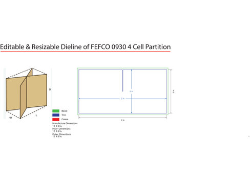 Editable dieline of fefco 0930 4-cell partition box, technical