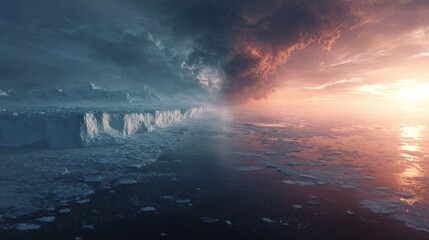 Fototapeta premium Captivating Scene of Two Distinct Worlds Merging: A Frozen Landscape Meets Fiery Skies