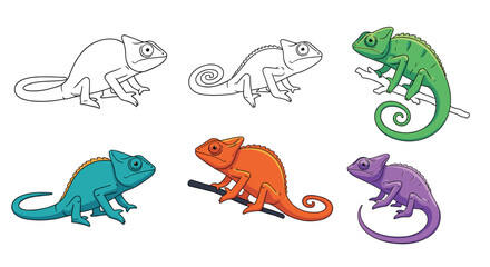Fototapeta premium Set of six chameleon illustrations featuring different colors like green orange purple blue and simple line versions on branches.