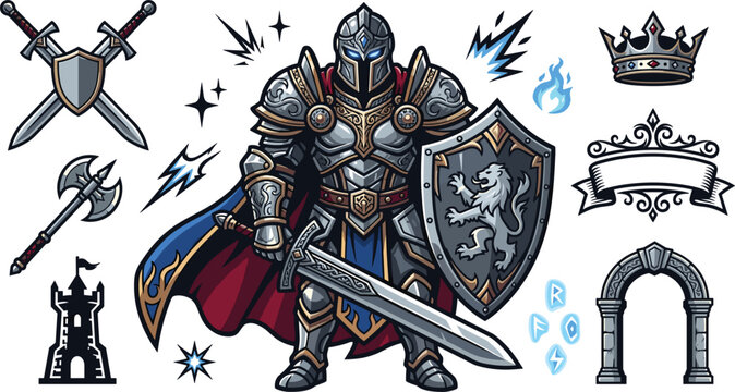Medieval fantasy knight mascot vector bundle featuring armor warrior swords lion shield crown battle axe castle tower and heraldry element sets