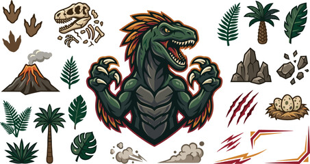 Fierce raptor dinosaur mascot vector bundle featuring erupting volcano fossil skeleton footprints tropical palm trees prehistoric eggs and jungle element sets © Sukhi