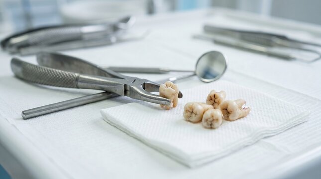 Extracted teeth and dental instruments on white cloth