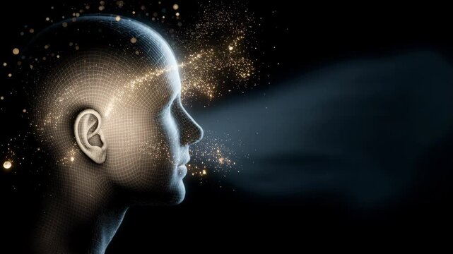 A human head with a bright brain is shown. Light lines come from the brain, symbolizing exploration in neurology, neuroscience, and artificial intelligence during nighttime