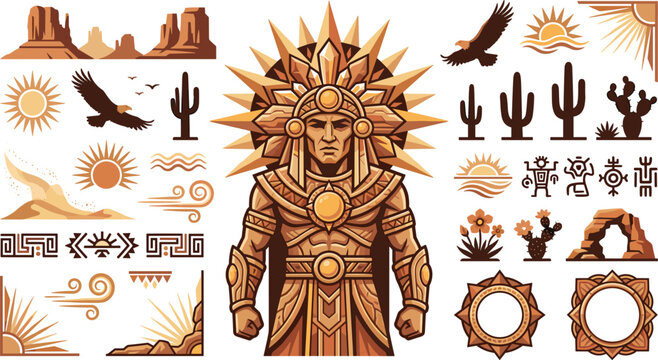 Ancient Aztec sun god warrior mascot vector bundle featuring desert canyons cactus plants soaring eagles tribal petroglyphs and southwest design elements