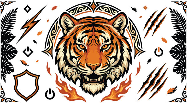 Fierce tiger head mascot vector bundle featuring orange predator face claw marks flames tropical leaves lightning bolts and shield ornaments