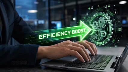 Fototapeta premium Businesswoman Using Laptop with Digital Efficiency Boost Concept in Modern Office