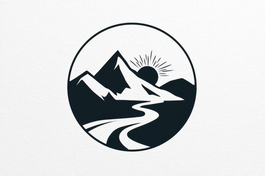 Mountain Landscape Icon: A minimalist circular icon depicting a majestic mountain range with a winding river flowing through the valley, under a rising sun.