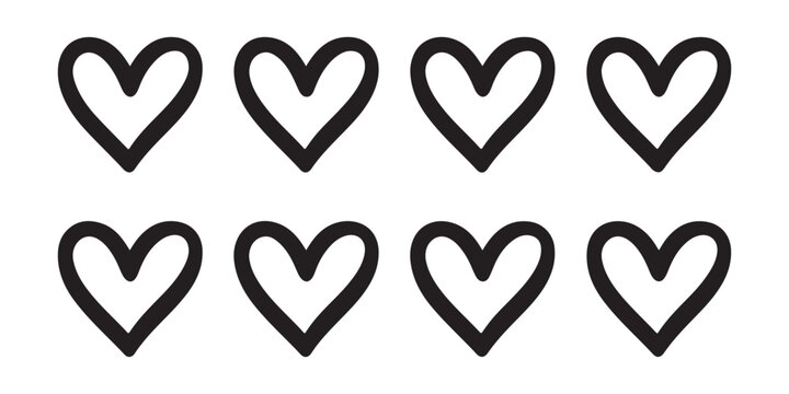 Hand drawn doodle heart icons collection simple black outline love symbols on transparent layer.
