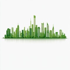 Fototapeta premium Green Cityscape: A vibrant panorama of modern skyscrapers, rendered in shades of green, symbolizes a sustainable urban future with its reflection shimmering below.