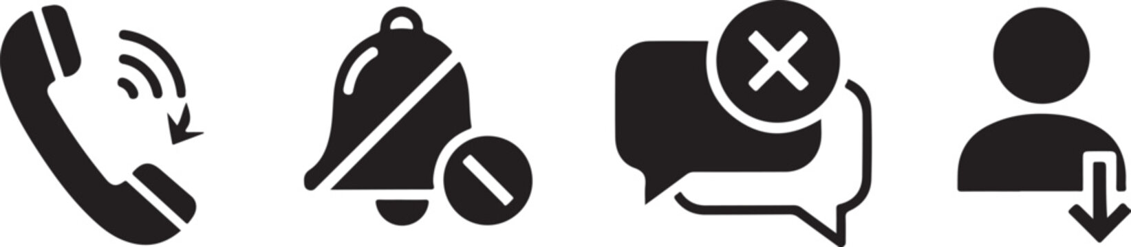 Black and white icons of phone call rejected and blocked on transparent background