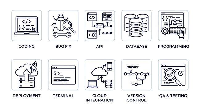Set of ten linear software development icons representing coding debugging api database deployment terminal cloud integration