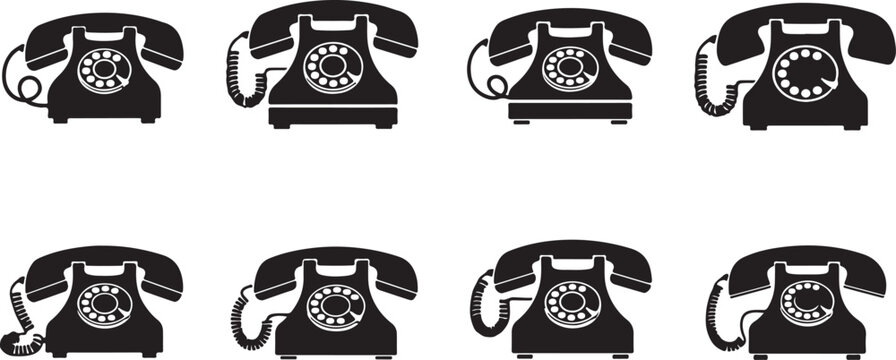 Collection of old rotary phones in various positions and angles  communication devices